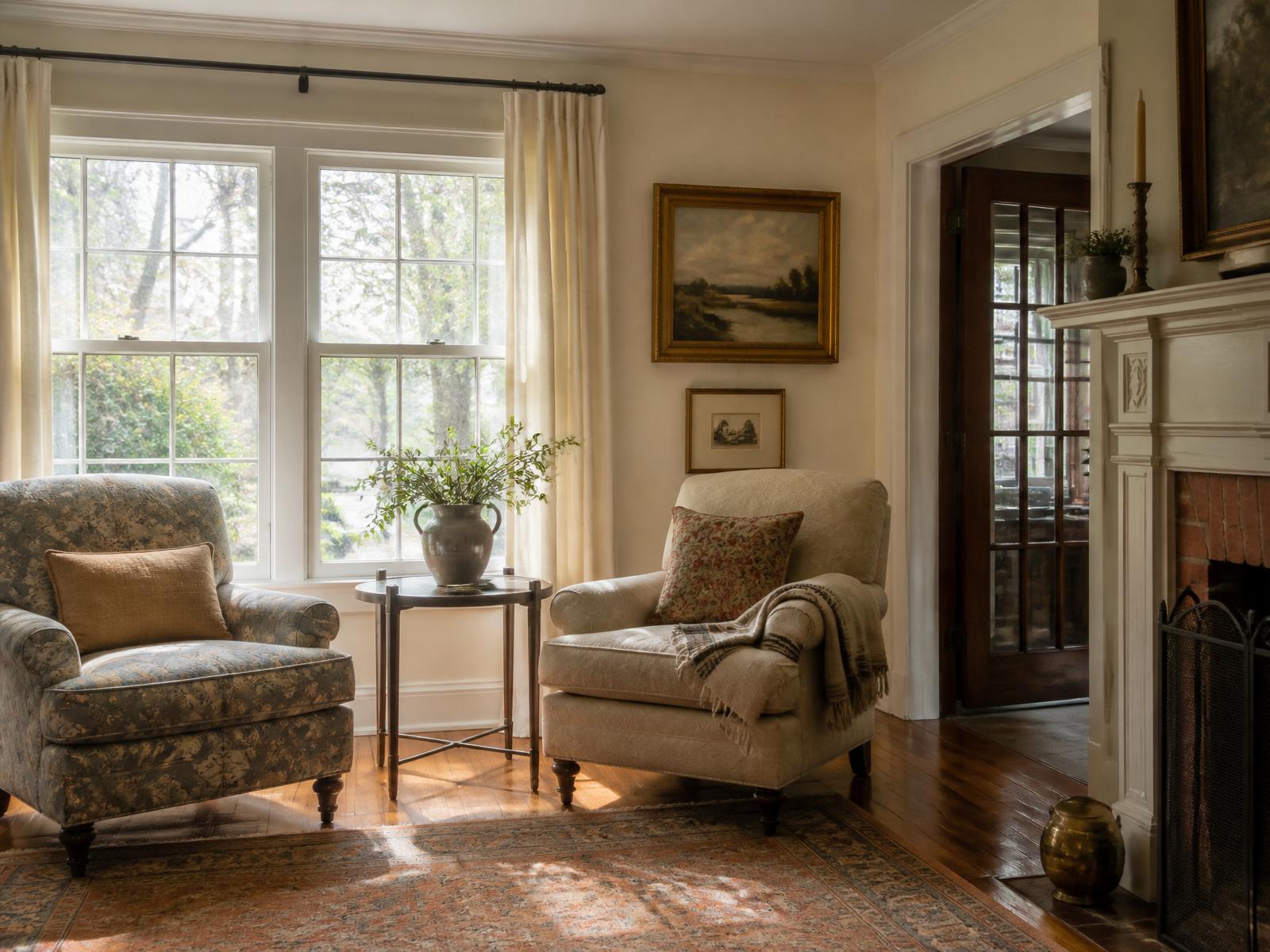 Warm traditional sitting room with two armchairs and natural light